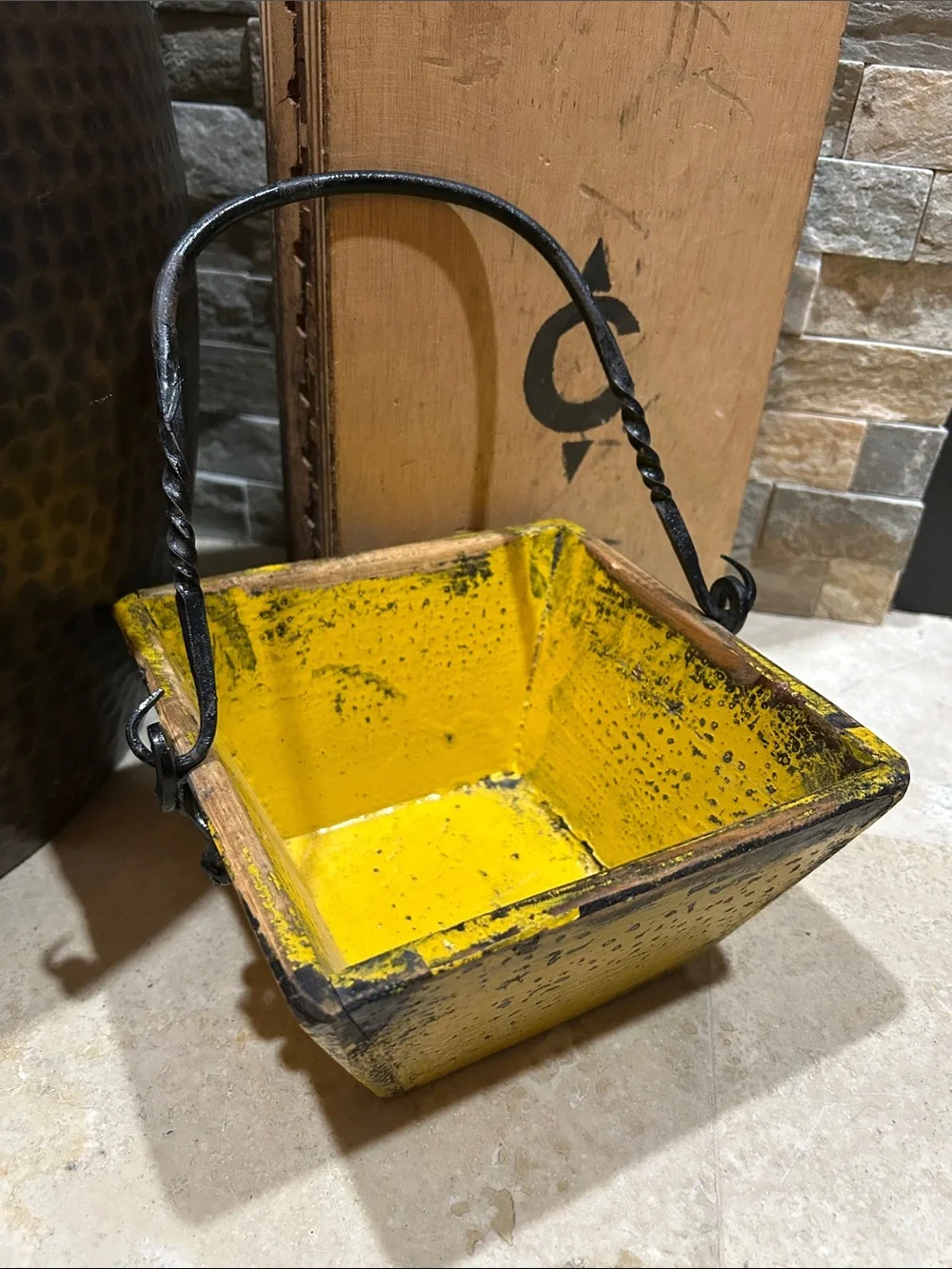 antique Chinese yellow lacquer rice measure bucket